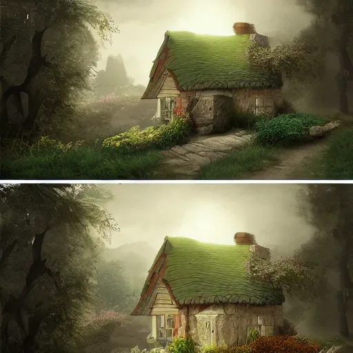 Prompt: a beautiful matte painting of a little cottage, behance, trending on artstation