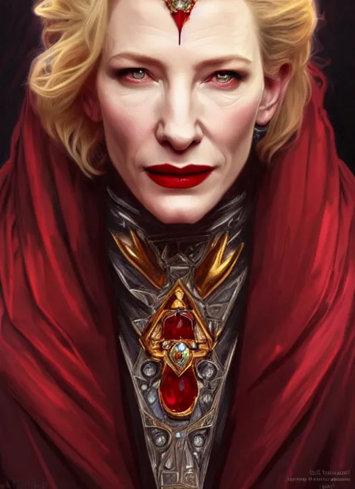 Prompt: portrait of cate blanchett as a vampire lord, jewelry, greek, ruby, intricate, headshot, highly detailed, digital painting, artstation, concept art, sharp focus, cinematic lighting, illustration, art by artgerm and greg rutkowski, alphonse mucha, cgsociety