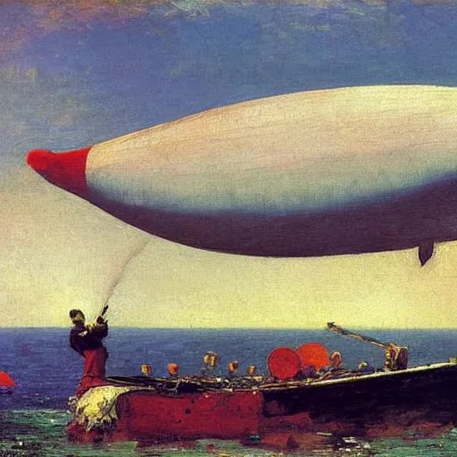 Image similar to huge zepplin in the shape of a fish, from below, brightly coloured oil on canvas, by ilya repin