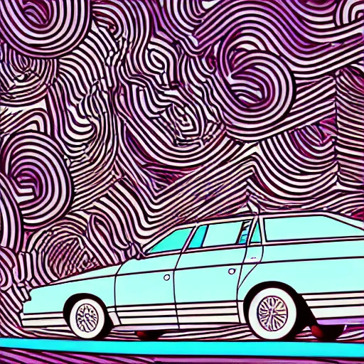 Image similar to vaporwave line art illustration of an 8 0 s station wagon driving during sunset. digits art