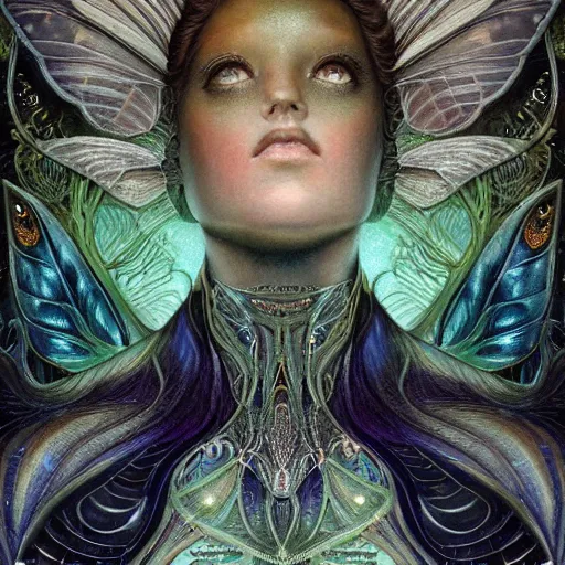 Image similar to beautiful closeup portrait of an art deco faerie queen, glowing eyes. reflective detailed textures, moth wings, highly detailed dark fantasy science fiction painting by tom bagshaw and michael whelan and diego rivera and annie swynnerton and jean delville and moebius and evelyn de morgan, elaborate geometric ornament, ancient runes, silver and cool colors. artstation