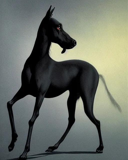 Image similar to painting of hybrid between black weimaraner & black stallion horse! & intercrossed animal, by zdzislaw beksinski, by mattias adolfsson, by tiffany bozic, cold hue's, warm tone gradient background, concept art, single object scene, beautiful composition, digital painting