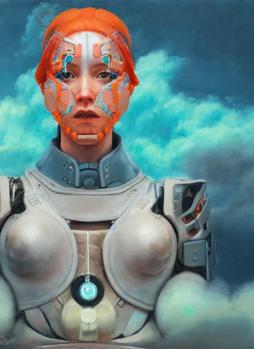 Prompt: symmetry!!! closeup portrait! of a samurai cyborg girl, racer jumpsuit, in clouds, cinematic light, windy, teal orange, volumetric smoke, by gerald brom, by mikhail vrubel, by peter elson, muted colors, extreme detail, trending on artstation, 8 k