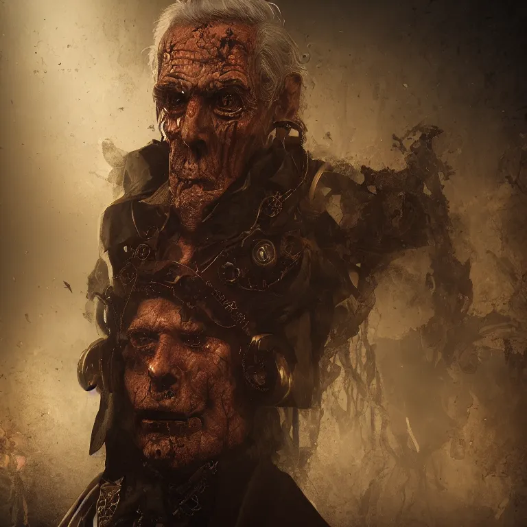 Prompt: a portrait of a steampunk elderly man as a demon on hell, dark, foggy, eerie, splash, sparkle, smoke, particles, octane render, unreal engine, artstation, digital art.