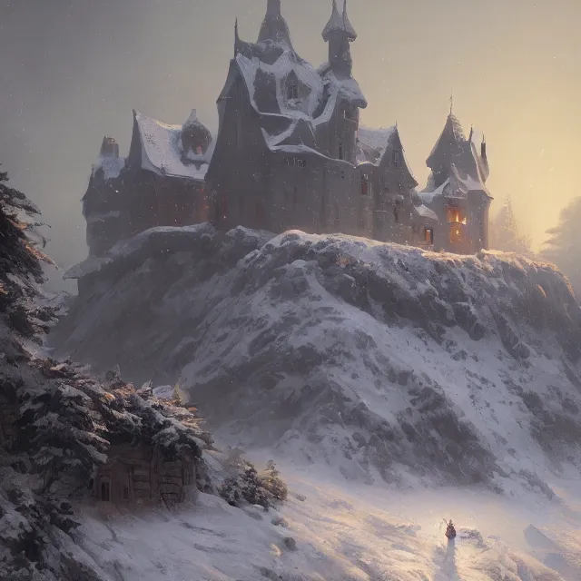 Prompt: a painting of a castle in the middle of a snowy mountain, a detailed matte painting by andreas rocha and greg rutkowski, night time, midnight, featured on artstation, fantasy art, matte drawing, matte painting, artstation hq