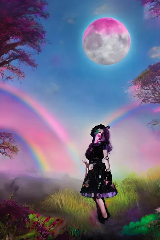 Image similar to Ethereal safari landscape with a pink rainbow sky under a goddess moonstone, black leather and embroidered Lolita dress in velvet, rich color, dramatic cinematic lighting, featured on Artstation, extremely detailed by Lisa Frank