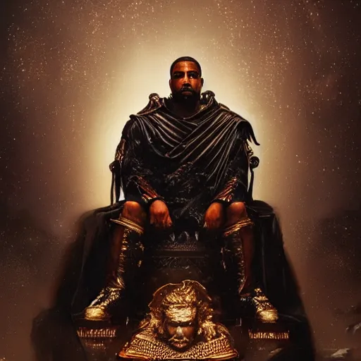 Image similar to Portrait of Kanye West as the god-emperor of mankind, amazing splashscreen artwork, splash art, natural light, elegant, intricate, fantasy, atmospheric lighting, cinematic, matte painting