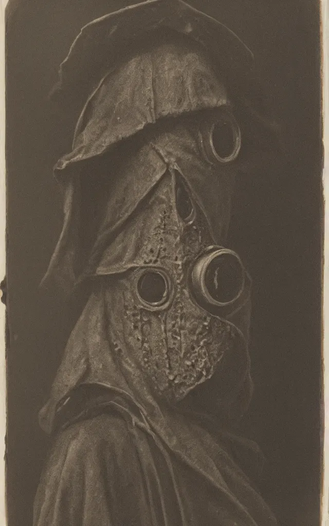 Image similar to portrait of an undead mutant plague doctor, daguerreotype, studio lighting, hyperrealistic, ultra detailed