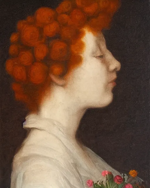 Prompt: a woman's face in profile, redhead, made of flowers, in the style of the Dutch masters, dark and moody