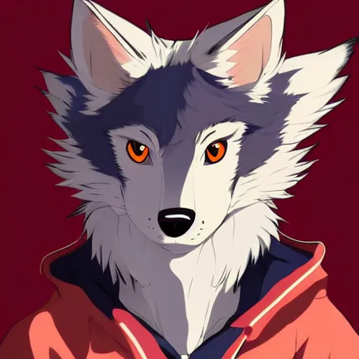 Image similar to key anime visual portrait of an anthropomorphic anthro wolf fursona, in a jacket, with handsome eyes, official modern anime art