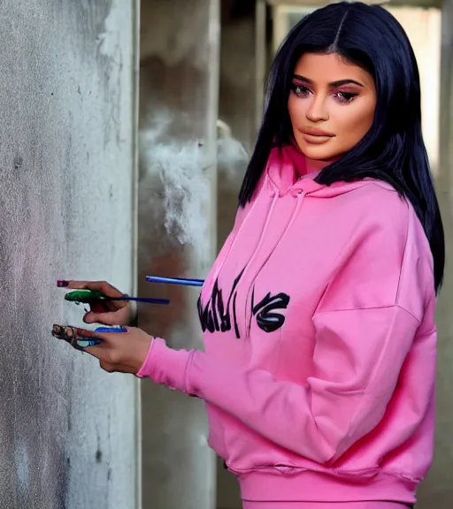 Prompt: kylie jenner doing graffiti in a derelict garage, dust mist, rural, rear shot, tight leggings with a pink hoody, mold, greenery