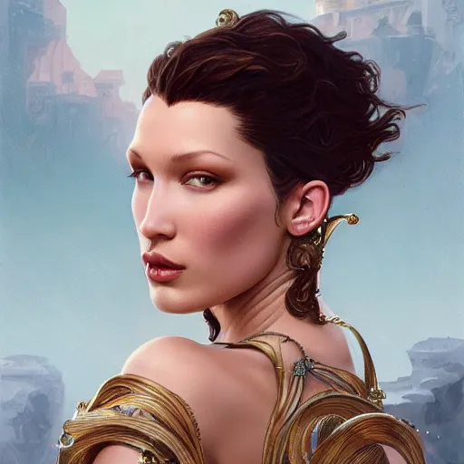 Prompt: bella hadid wearing a curly english mustache, intricate, elegant, highly detailed, digital painting, artstation, concept art, smooth, sharp focus, illustration, art by artgerm and greg rutkowski and alphonse mucha