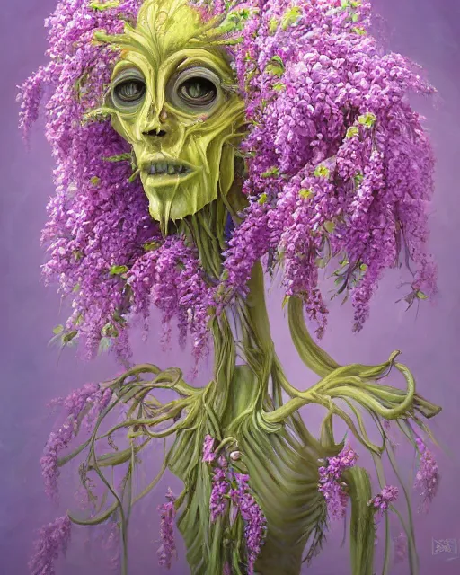 Prompt: Haunting horrifying detailed painting of a tall skinny extraterrestrial flower monster made of lilacs, roses, lilies and daffodils, light leak, spectrum, and bloodshot eyeballs, hyper detailed, trending on Artstation