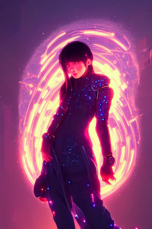 Prompt: portrait futuristic wizard Girl with fire and sparkles, in future cyberpunk tokyo rooftop , ssci-fi, fantasy, intricate, very very beautiful, elegant, human anatomy, human structure, neon light, highly detailed, digital painting, artstation, concept art, smooth, sharp focus, illustration, art by tian zi and WLOP and alphonse mucha