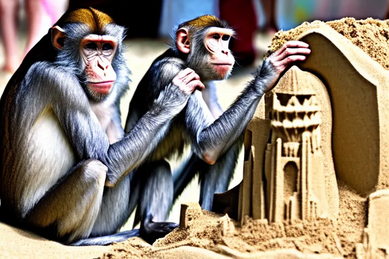 Image similar to a primate touching a completed sand castle