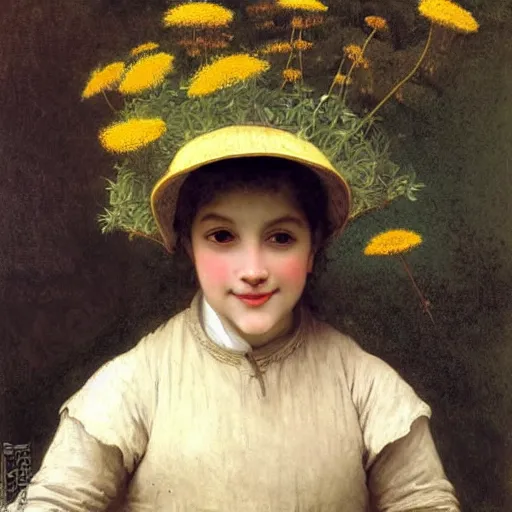 Image similar to A portrait of a fox wearing a hat which is covered in dandelions. The fox is cute and smiling. Painting by Robert Cleminson and William-Adolphe Bouguereau