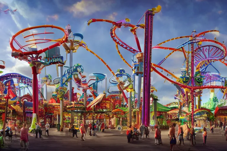 Image similar to a giant amusement park. fun. photorealism.