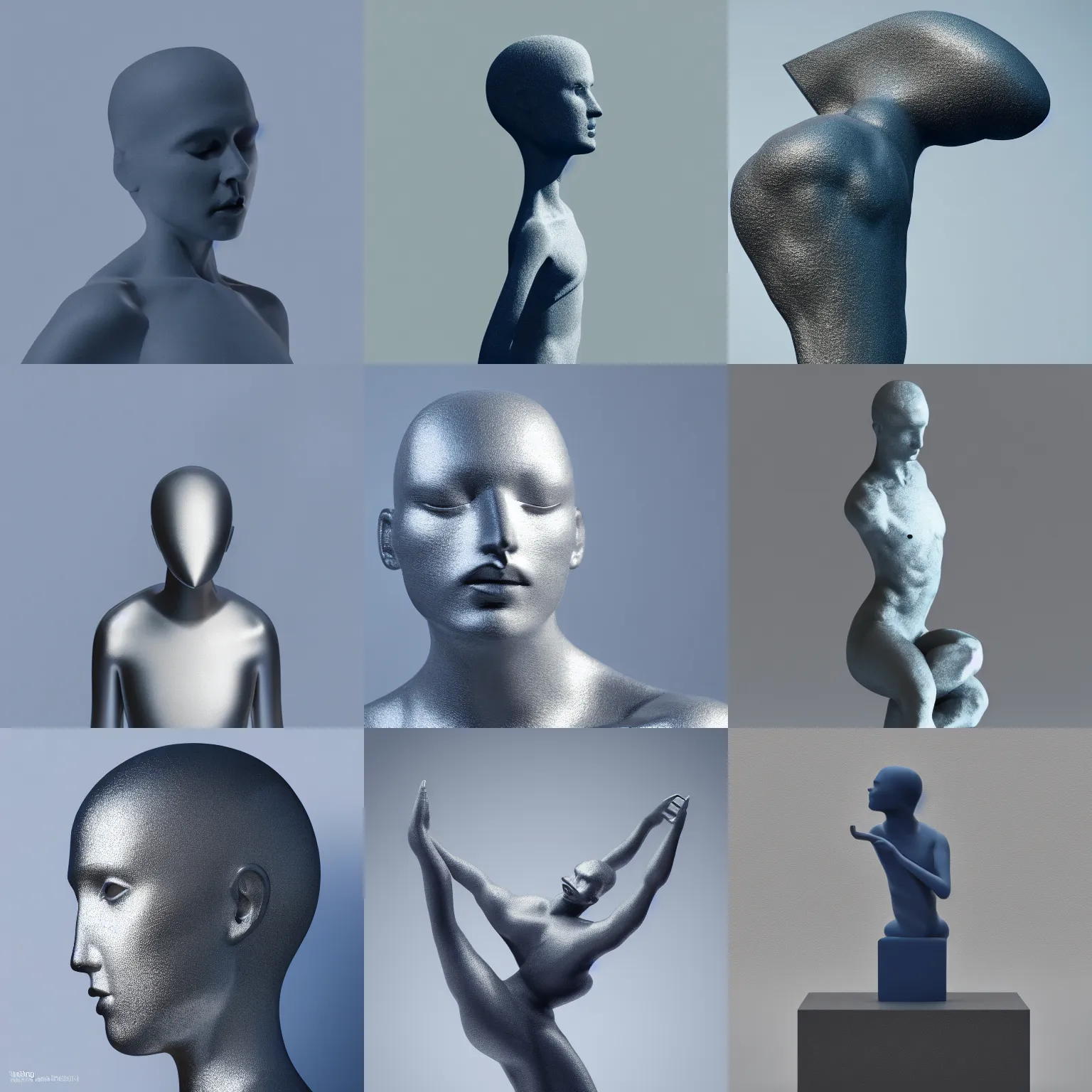 Prompt: ( abstract statue ) designed by apple, studio photo, white backdrop, studio light, solid works, octane render, macro shot, in focus, dept of field, silver, blue, black design