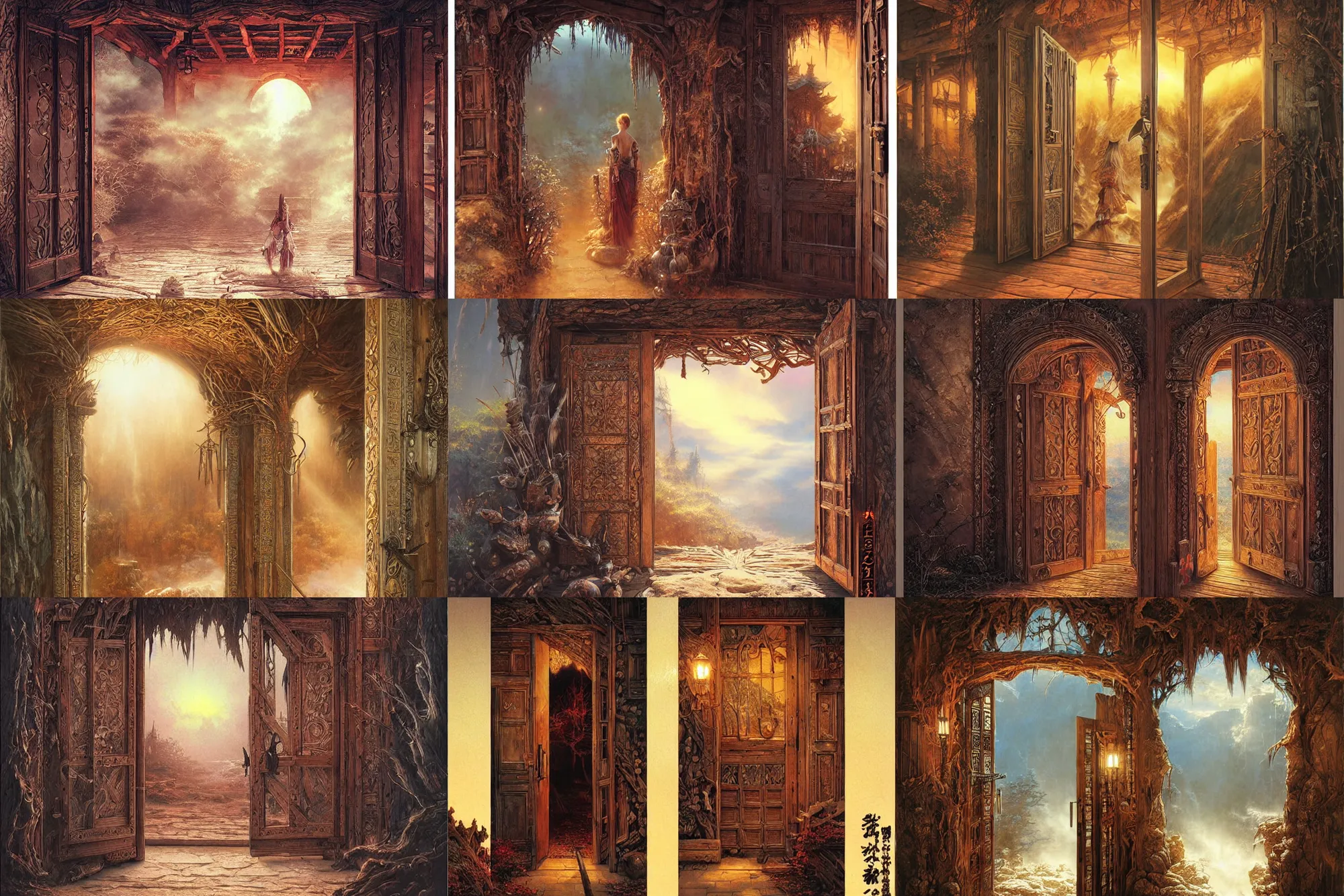 Prompt: large rustic intricately decorated wooden double door, metal handles, a view to a fantasy world, strong eerie back light, mist, fantasy art by noriyoshi ohrai