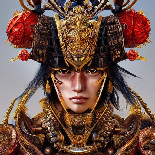 Image similar to a samurai with golden ornaments and diamonds jewelry by alex gray and android jones, karol bak, ayami kojima, amano, concept art, character design, fantasy, 3 d, 8 k resolution