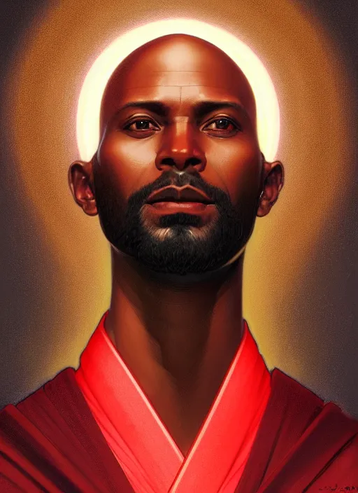 Image similar to symmetry!! portrait of a dark skinned, bald, terrence boyd as a jesus christ in a red kimono with an halo, face close - up, intricate, elegant, highly detailed, digital painting, artstation, concept art, smooth, sharp focus, illustration, art by artgerm and greg rutkowski and alphonse mucha