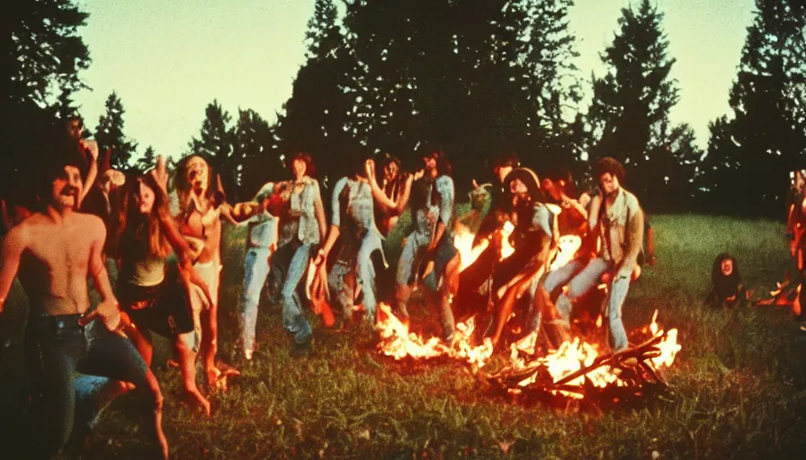 Image similar to 7 0 s film still from a horror movie about a dance party at a bonfire with human sacrifice, kodachrome, cinecolor, cinestill, film grain, film texture, retro, cinematic, high resolution, photorealism,