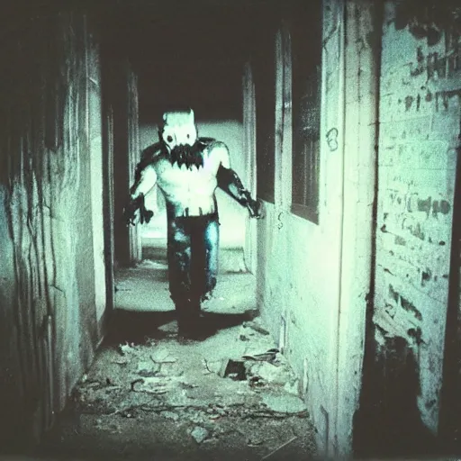 Image similar to 1 9 9 3, disposable camera, flash, old abandoned building, creepy scary monster, style of trevor henderson