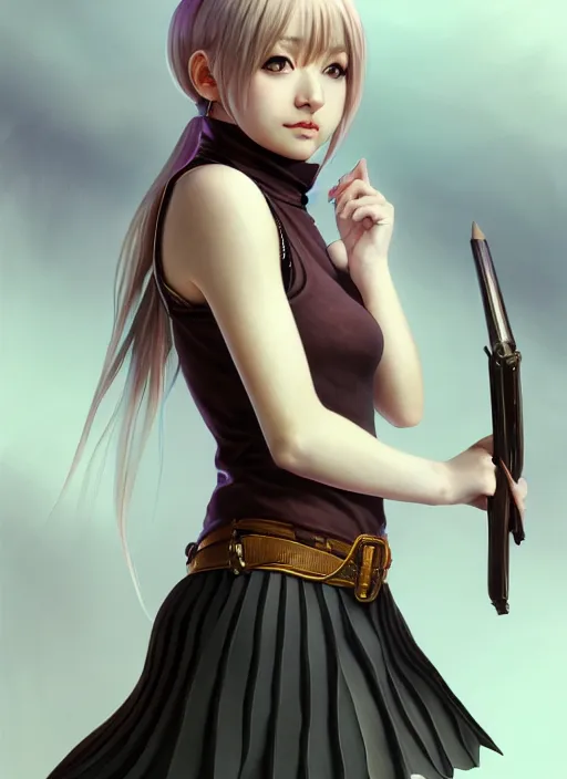 Image similar to portrait of a full body of beautiful young female detective, d & d, sleeveless turtleneck, pleated skirt, fantasy, flat lighting, intricate, highly detailed, digital painting, artstation, concept art, smooth, sharp focus, illustration, misa amane, art by simon bisley and greg rutkowski and alphonse mucha, natural tpose