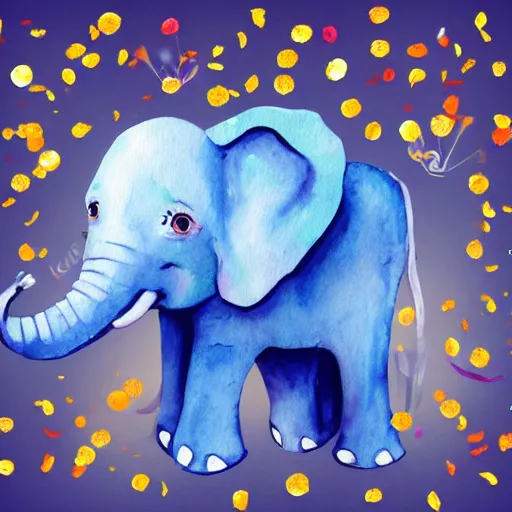 Image similar to watercolor baby elephant with trunk up in air and confetti flying in air, white background, blank background