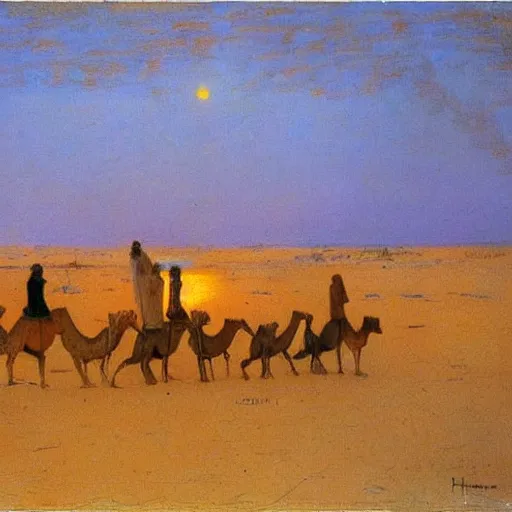 Prompt: camel caravan, timbuktu, by henry ossawa tanner, at sunrise