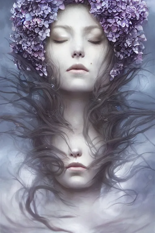 Image similar to hydrangea queen goddess dreaming!!!, windy floating hair!!, atmospheric moody, dark surreal, seductive beauty! cinematic volumetric lights, bust portrait, dnd, fantasy, intricate, elegant, highly detailed, digital painting, artstation, concept art, smooth, sharp focus, illustration, art by artgerm and tom bagshaw and greg rutkowski and alphonse mucha