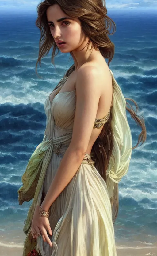 Image similar to a beautiful ana de armas wearing a sundress on the beach, d & d, fantasy, intricate, elegant, highly detailed, digital painting, artstation, concept art, matte, sharp focus, illustration, art by artgerm and greg rutkowski and alphonse mucha