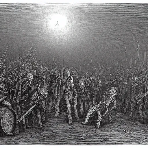 Image similar to zombies, nine steel barrels in a graveyard, creepy atmosphere, dark, realistic, illustration by gustave dore