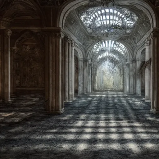 Image similar to time has ended before it even started, luxurious abandoned palace, realistic ground, realistic shadows, illuminated by godrays, reflections, 8 k