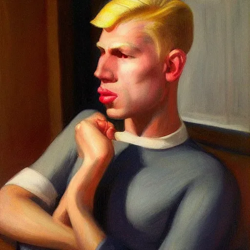 Image similar to a realistic portrait of a blonde man with big lips, 1 2 0 0 bc, edward hopper, trending on artstation