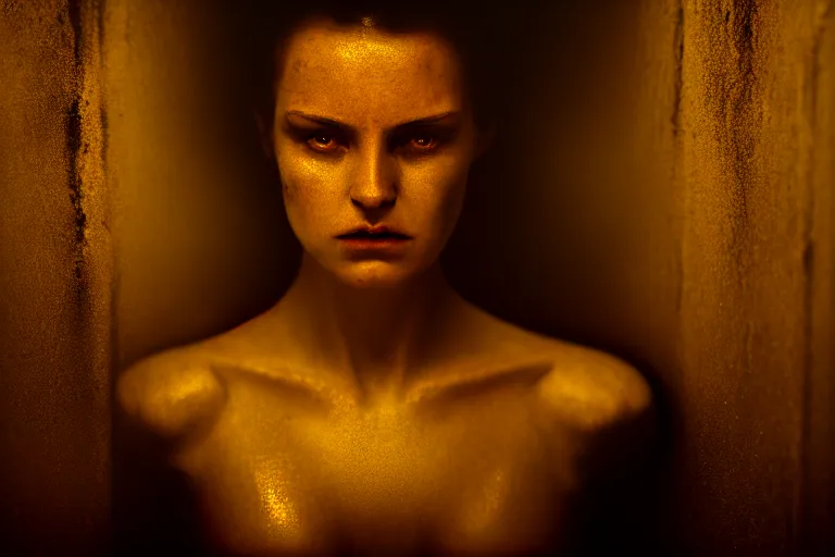 Prompt: an ultra realistic, cinematic, fantasy, portrait, of a woman, face in water, fire, dramatic, soft light, dreamy, facial features, stood in a cell, with prison clothing, detailed, deep focus, movie still, dramatic lighting, ray tracing, by michal karcz and yoshitaka