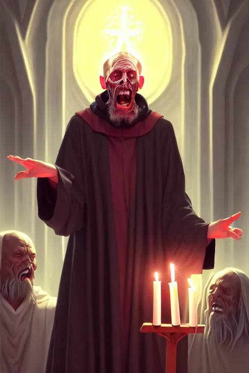 Prompt: dying rotting evil Priest at an alter giving a sermon to followers portrait by Artgerm and WLOP