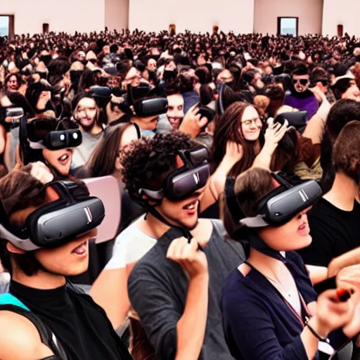 Image similar to huge crowd of people wearing VR headsets, photoreal