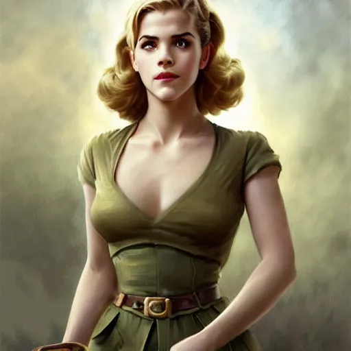 Image similar to A combination of Katheryn Winnick's and Grace Kelly's and Emma Watson's appearances as a WW2 soldier, full body portrait, western, D&D, fantasy, intricate, elegant, highly detailed, digital painting, artstation, concept art, matte, sharp focus, illustration, art by Artgerm and Greg Rutkowski and Alphonse Mucha