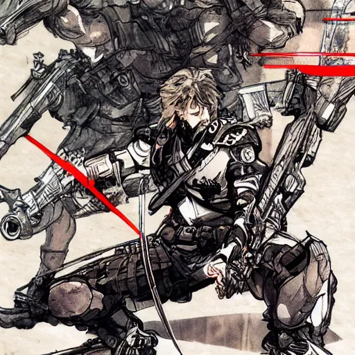 Image similar to hero sitting on a chair holding a sword on his back, looking at a army in the background illustrated by yoji shinkawa, pencil art, extra detail, dynamic, colored, blood, metal swords