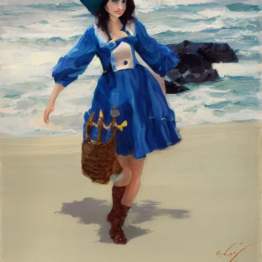 Image similar to dancing brunette milk maid woman wearing a pirate hat. Blue and white dress. Shore seascape in the style of Krenz Cushart