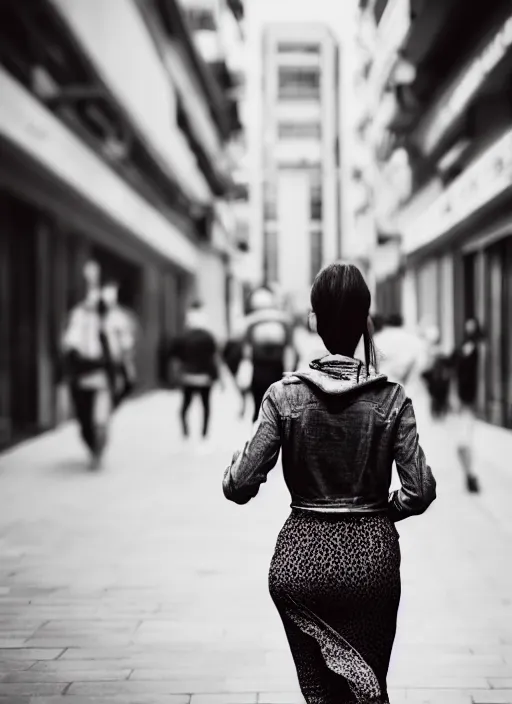 Image similar to beautiful photo of a beautiful woman walking through a city, full body, hyper realistic, 8 k, dslr, 3 mm, highly detailed photograph