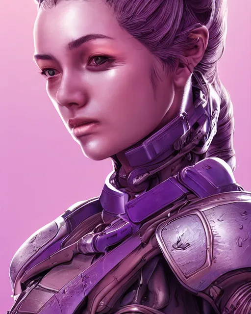 Prompt: close up portrait of a woman in smooth purple sci - fi armor, long black ponytail, elegant, intense, woman, an ultrafine hyperdetailed illustration by kim jung gi, irakli nadar, intricate linework, sharp focus, bright colors, octopath traveler, final fantasy, unreal engine 5, global illumination, radiant light