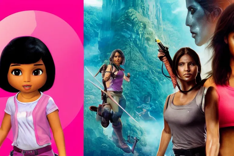 Image similar to Isabela Merced as Dora the Explorer vs Angelina Jolie as Lara Croft, movie poster, film by Michael Bay, dora pink shirt, lara white shirt