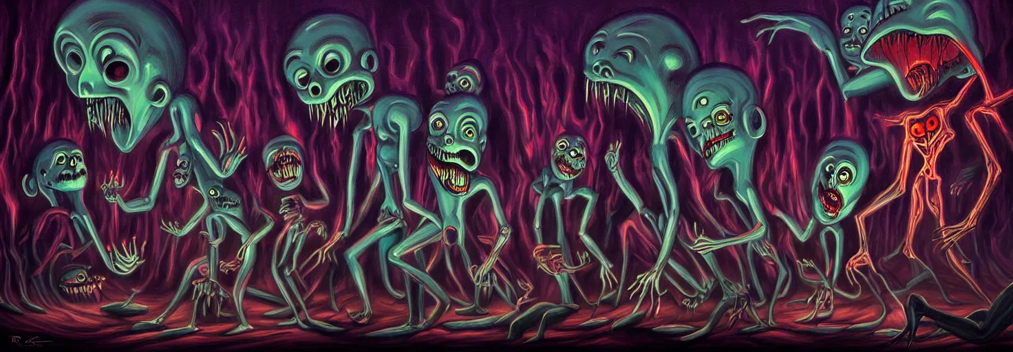 Prompt: visceral freaky uncanny monsters from the darkest depths of collective unconscious, dramatic glowing lighting, 1 9 3 0 s fleischer cartoon characters, wild emotional expressions - surreal painting by ronny khalil