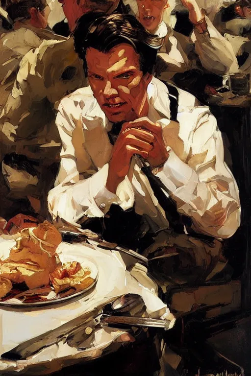 Prompt: report of the week food review painting by jc leyendecker!! phil hale!, angular, brush strokes, painterly, vintage, crisp