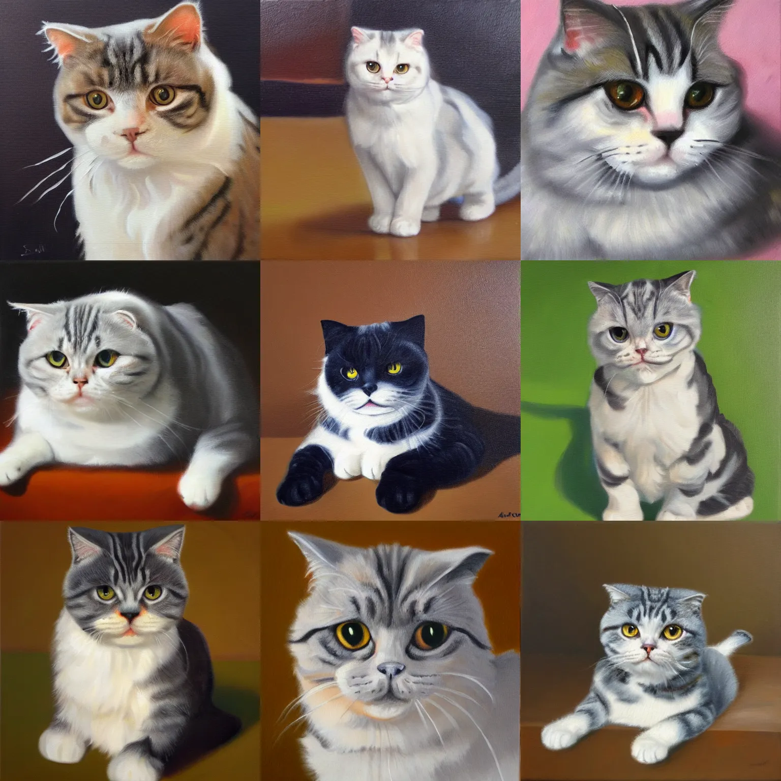 Prompt: a scottish fold cat, oil on canvas painting