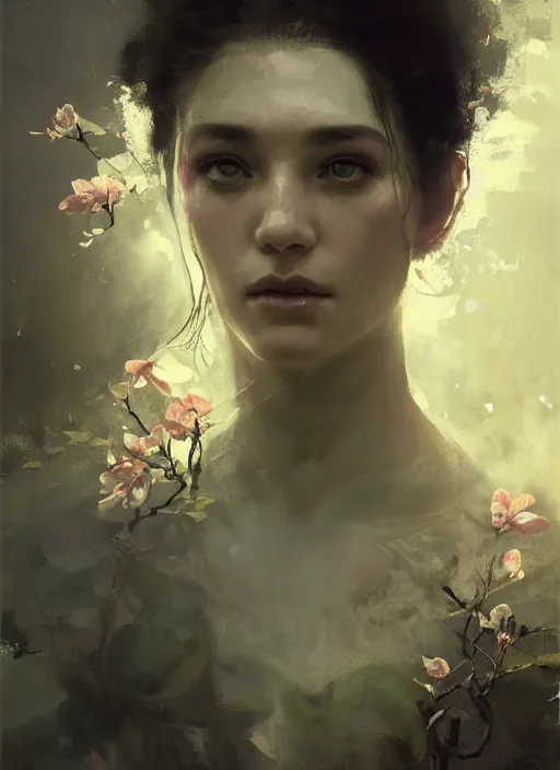 Prompt: female goddess of magnolias, beautiful face, rule of thirds, intricate outfit, backlit, by greg rutkowski, by jeremy mann, digital painting