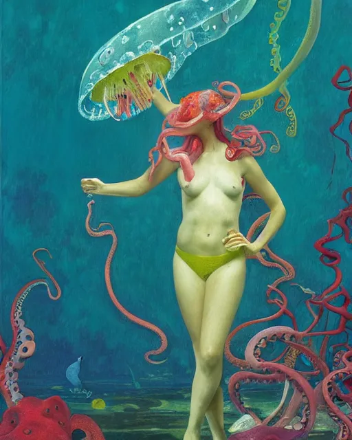 Image similar to a beautiful girl underwater wearing a colourful octopus as a dress and surrounded by glowing jellyfish, painted by edgar maxence, edward hopper, wayne barlowe and james gilleard, airbrush, art by jamesjean