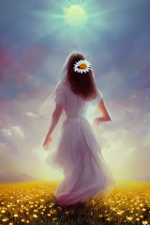 Image similar to large white daisy flower face, girl with veil walking in a flower field, surreal photography, sunrise, dramatic light, impressionist painting, colorful clouds, digital painting, artstation, simon stalenhag